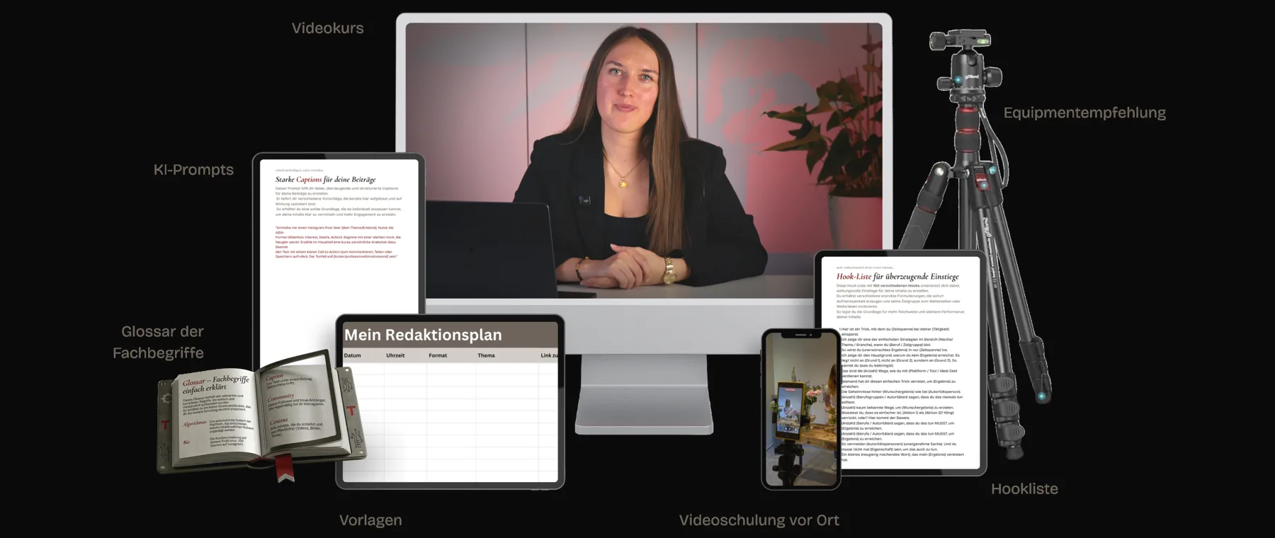 Materialien der Social Media Schulung: Videokurs, Vorlagen, KI-Prompts, Glossar der Fachbegriffe, Hookliste, Videoschulung vor Ort und Equipment-Empfehlung